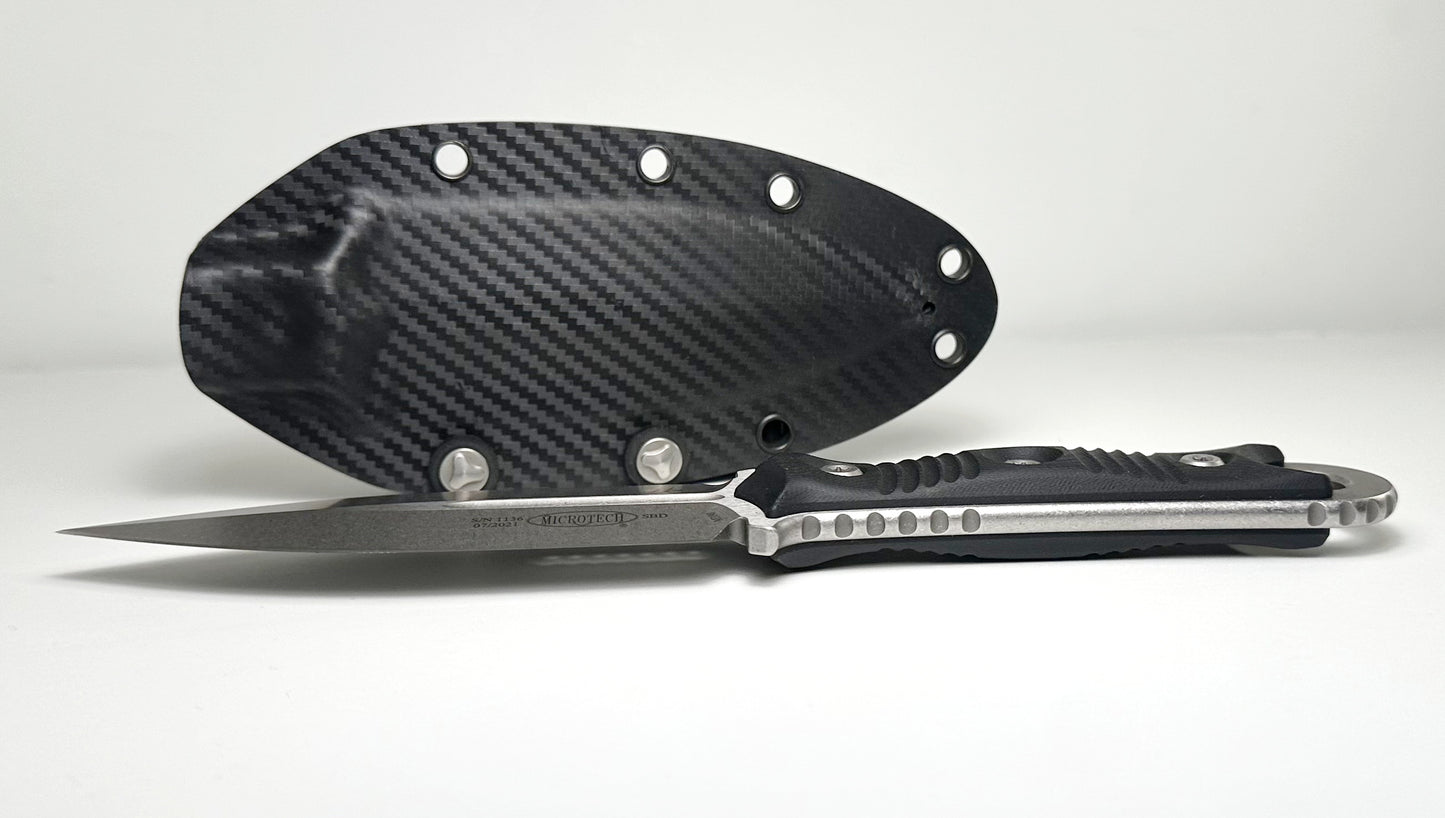 Microtech | Borka SBD Fixed Blade D/E 201-10 Pre-Owned - Stonewash Bohler M390 Double Edge Dagger Blade & Black G-10 Handle Scales - Black CF Print Kydex Sheath | Made in USA
