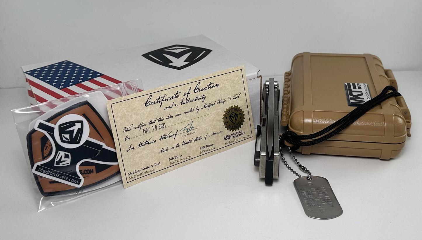 Medford Knife & Tool Marauder-H Pre-Owned - Tumbled Satin 3.75" CPM-3V Tanto Blade & Titanium Handle - Flamed Pocket Clip & Hardware - Ti Frame Lock w/ Blade Fuller | Made in USA