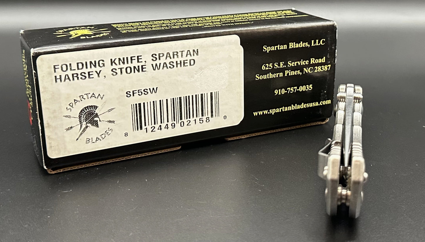 Spartan Blades Harsey SF5SW Pre-Owned - Stonewashed CPM-S35VN Drop Point Blade & Stonewash Titanium Frame Lock Handle w/ Dual Thumb Studs | Made in USA