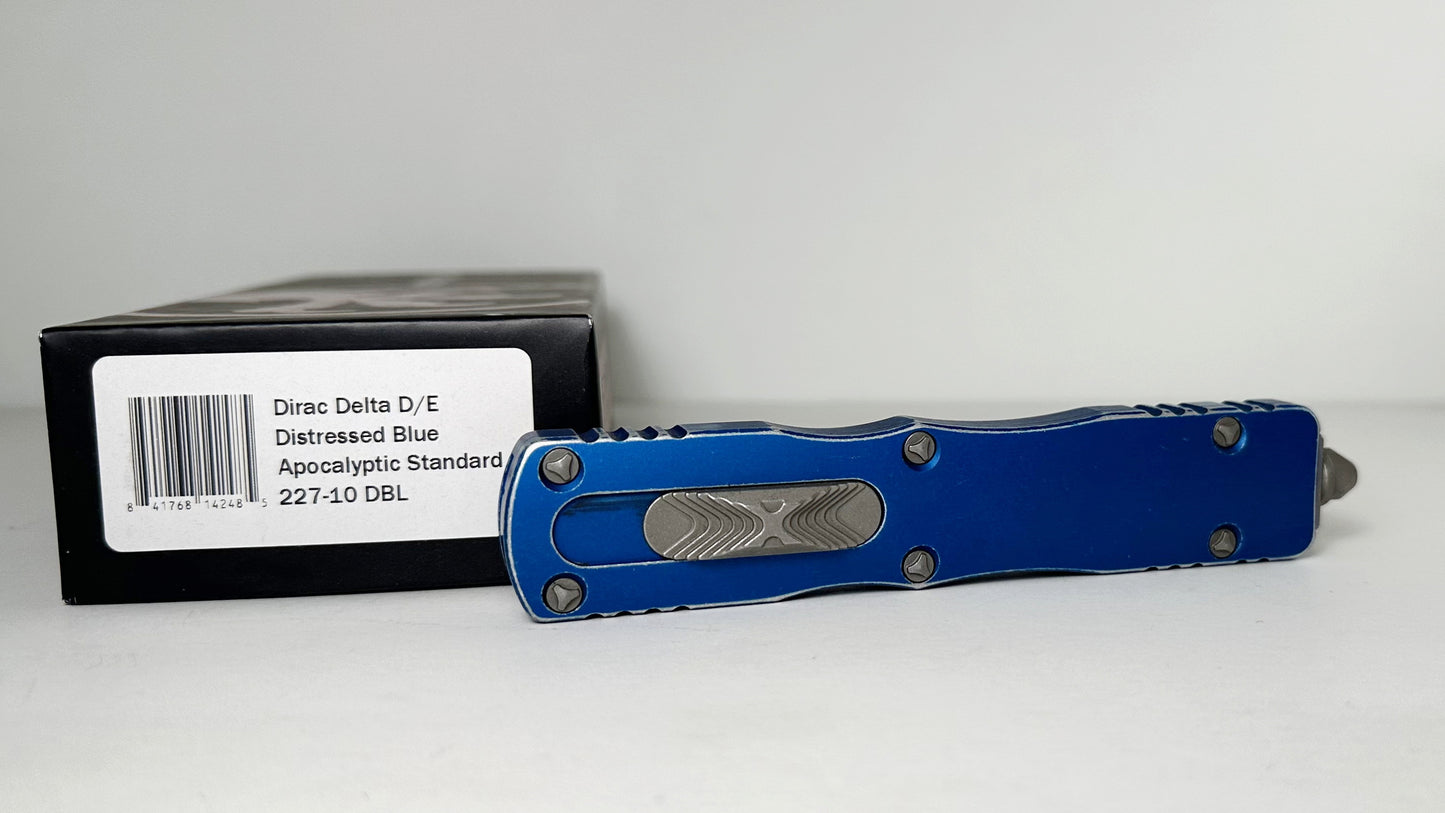 Microtech Dirac Delta 227-10DBL Pre-Owned - Apocalyptic Bohler M390 Double Edge Dagger Blade & Distressed Blue 6061-T6 Aluminum Handle - Out the Front Automatic | Made in USA