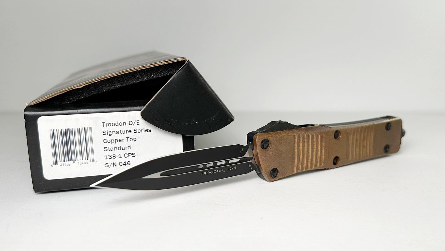 Microtech Troodon OTF Signature Series 138-1CPS Pre-Owned LNIB S/N 046 - Copper Top & Black Aluminum Bottom Handle Scales - Black CTS-204P Double Edge Blade | Made in USA