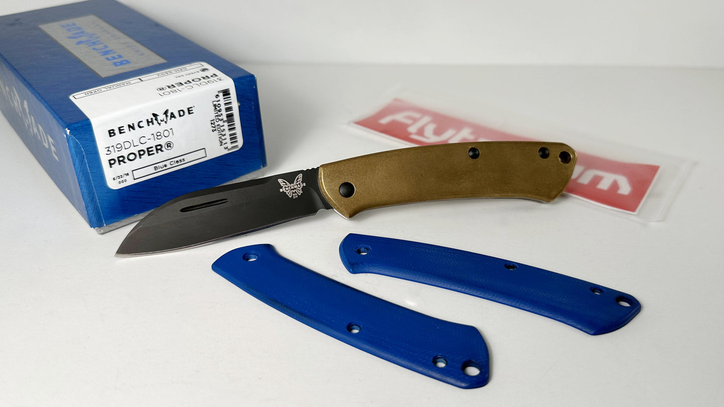 Benchmade Proper 319DLC-1801 Limited Edition #1273 Pre-Owned - Black CPM S30V Sheepsfoot Blade & Brass Flytanium Handle - Original Blue G-10 Scales Included - Slipjoint Folder w/ Nail Nick | Made in USA