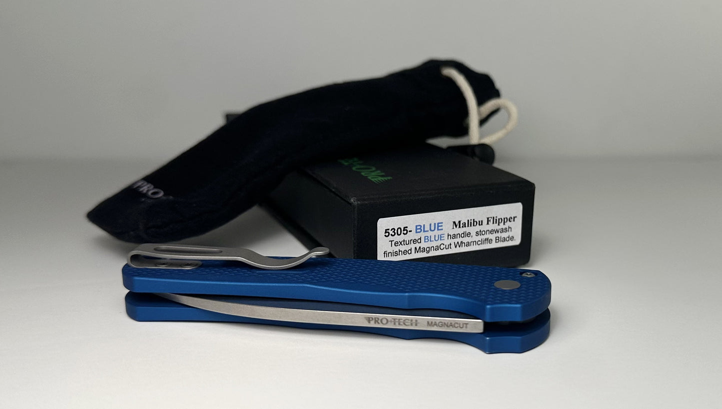 Pro-Tech Malibu Flipper 5305-BLUE Pre-Owned LNIB - Stonewashed 3.25" MagnaCut Wharncliffe Blade & Blue Knurled Aluminum Handle Scales - Button Lock Folder w/ Flipper Tab | Made in USA