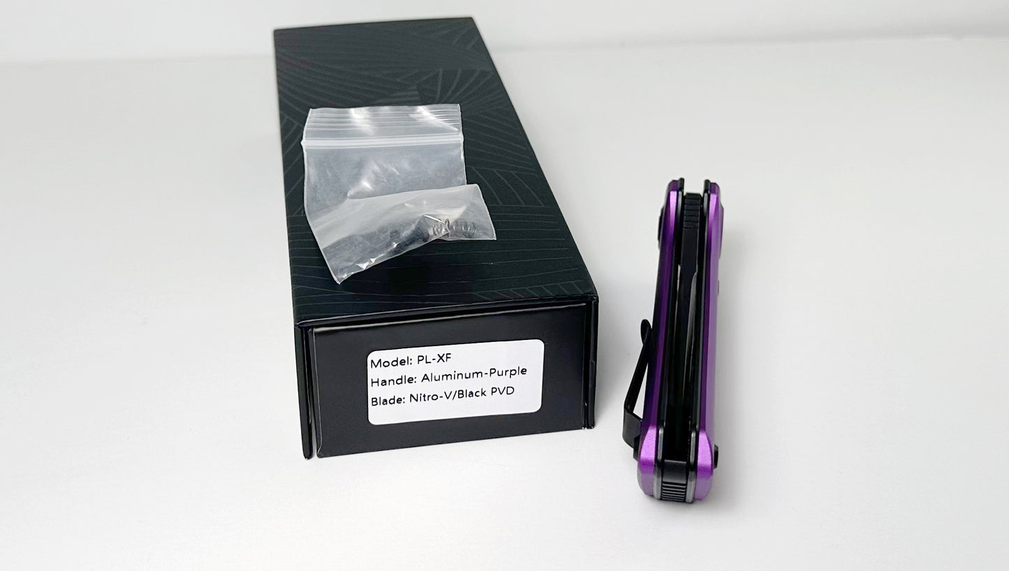 Reate PL-XF Pre-Owned - Black PVD 3.4" Nitro-V Drop Point Blade & Purple Anodized Aluminum Handle - Button Lock Flipper Knife w/ Plunge Lock | Made in China