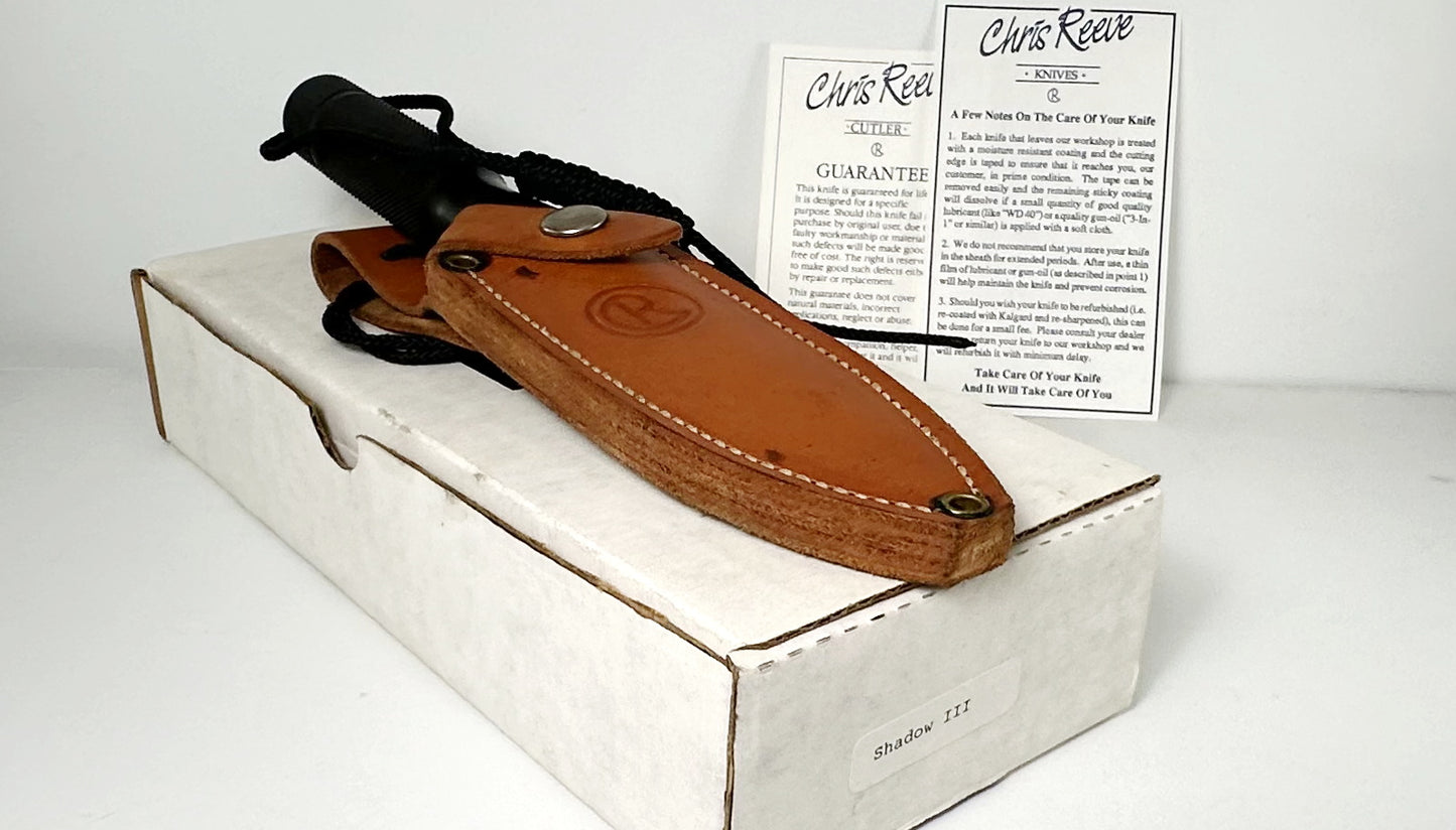 Chris Reeve Shadow III Fixed Blade Pre-Owned 1995 - A2 Steel 5" Modified Drop Point Blade & Hollow Handle w/ Aluminum Cap - Brown Leather Sheath | Made in USA