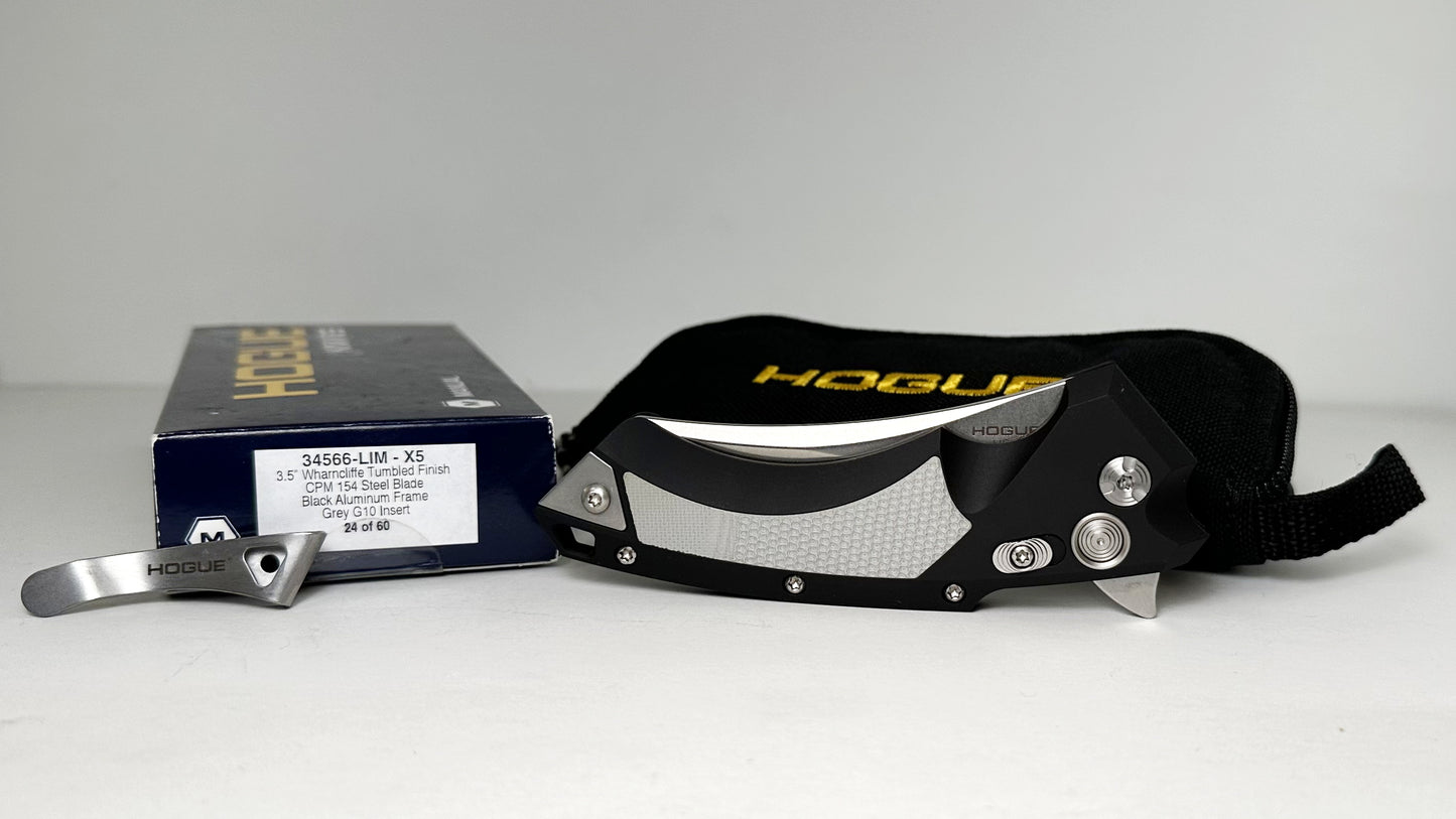 Hogue Knives X5 Manual Flipper Limited Edition 34566-LIM LNIB - Tumbled 3.5" CPM-154 Wharncliffe Blade & Black Aluminum Handle w/ Gray G-10 Inlay - Manual Button Lock Flipper - S/N 24 of 60