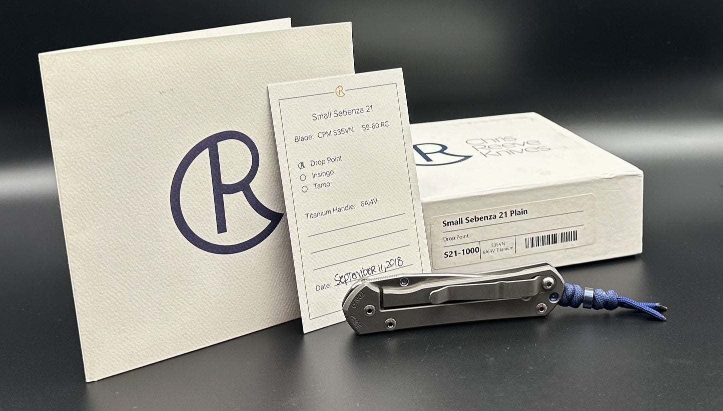 Chris Reeve Knives Small Sebenza 21 Plain Pre-Owned S21-1000 - Stonewash CPM-S35VN Drop Point Blade & 6Al4V Titanium Frame Lock Handle w/ Thumbstud & Midnight Blue Lanyard & Bead | Made in USA
