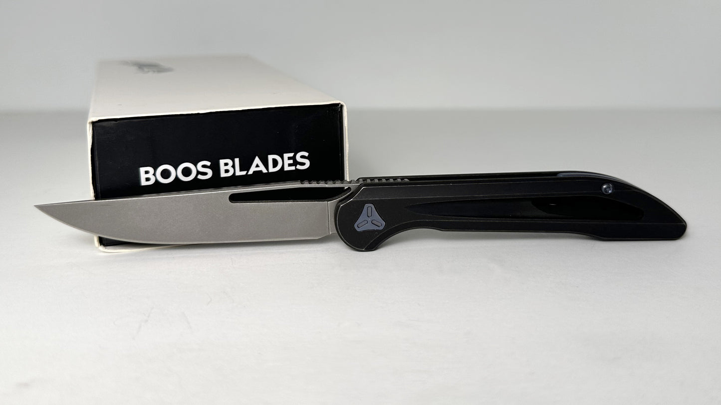 Boos Smoke Mini Ti Pre-Owned - Stonewashed 3" CPM-20CV Blade & Gray Full Titanium Handle w/ Blue Hardware & Pocket Clip | Made in China by WE Knives