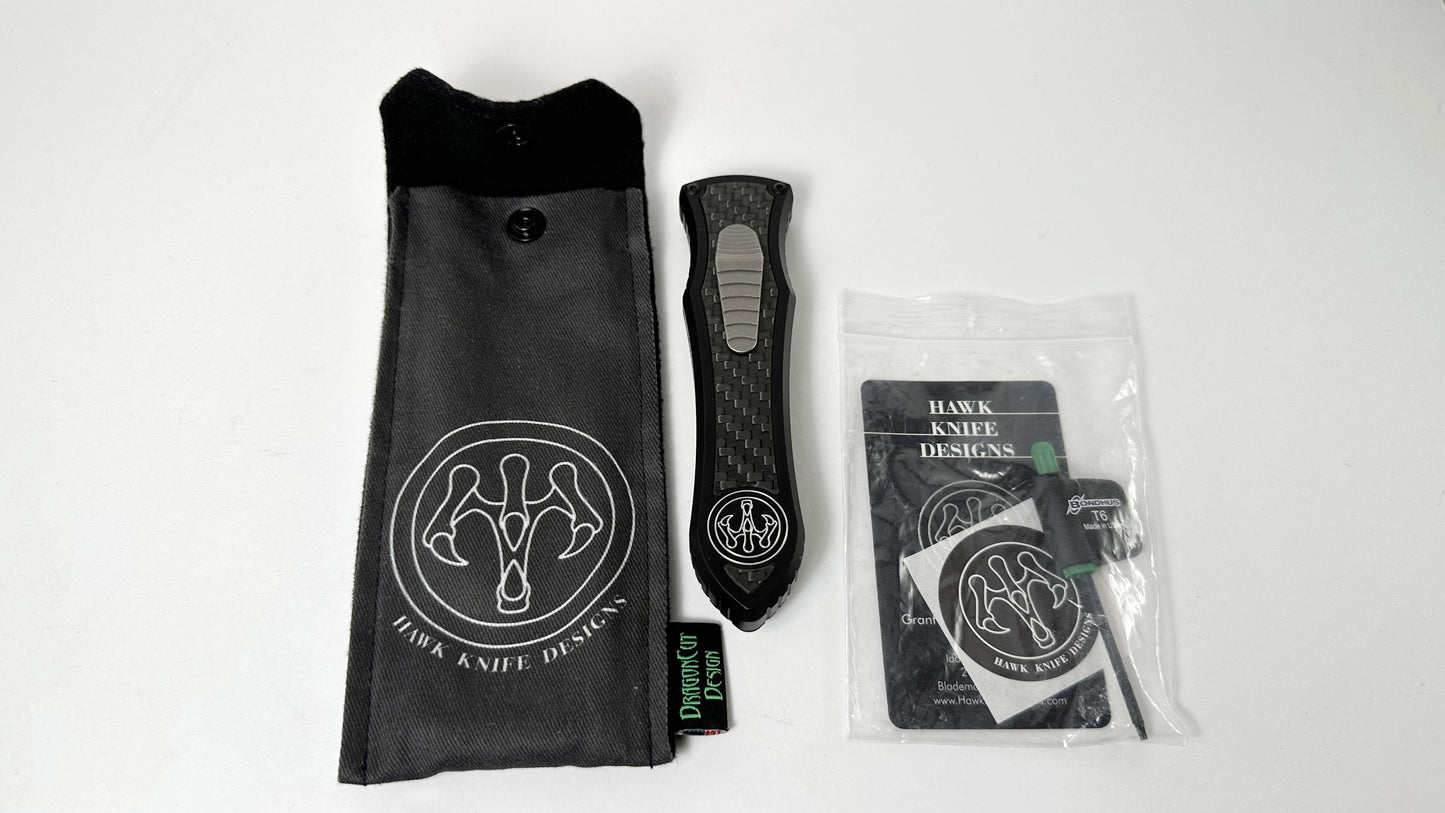 G&G Hawk Deadlock Model C OTF Pre-Owned 2022 - Stonewash CPM 20CV Double Edge & Black Aluminum w/ Carbon Fiber Inlays | Made in USA