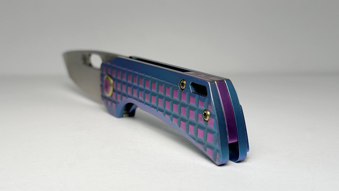 EMP EDC Nymble T Pre-Owned & MODIFIED | Stonewash M390 Tanto Blade w/ Blue & Purple Anodized Frag Milled Titanium Handle | Made by QSP Knife