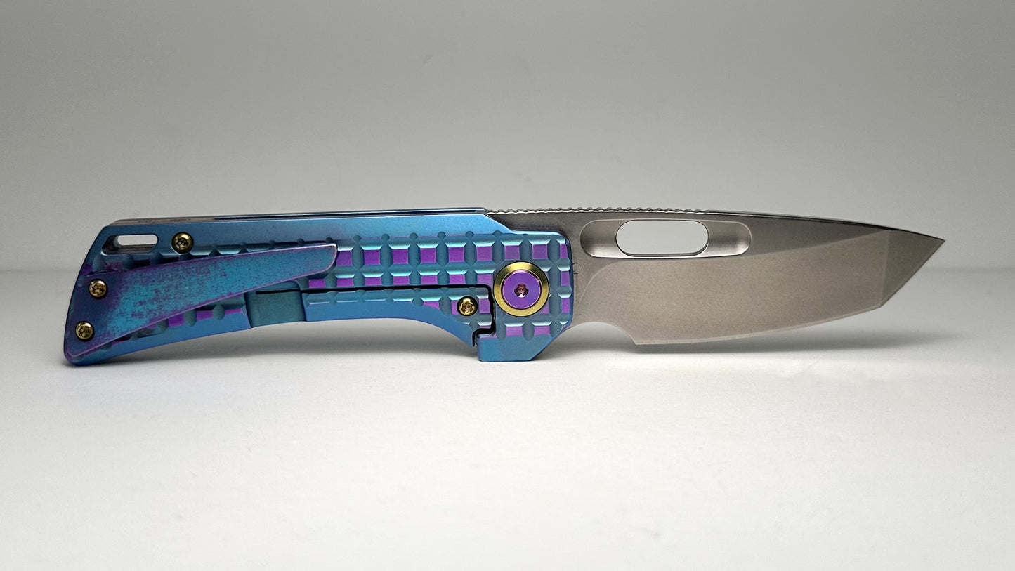 EMP EDC Nymble T Pre-Owned & MODIFIED | Stonewash M390 Tanto Blade w/ Blue & Purple Anodized Frag Milled Titanium Handle | Made by QSP Knife