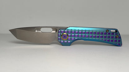 EMP EDC Nymble T Pre-Owned & MODIFIED | Stonewash M390 Tanto Blade w/ Blue & Purple Anodized Frag Milled Titanium Handle | Made by QSP Knife