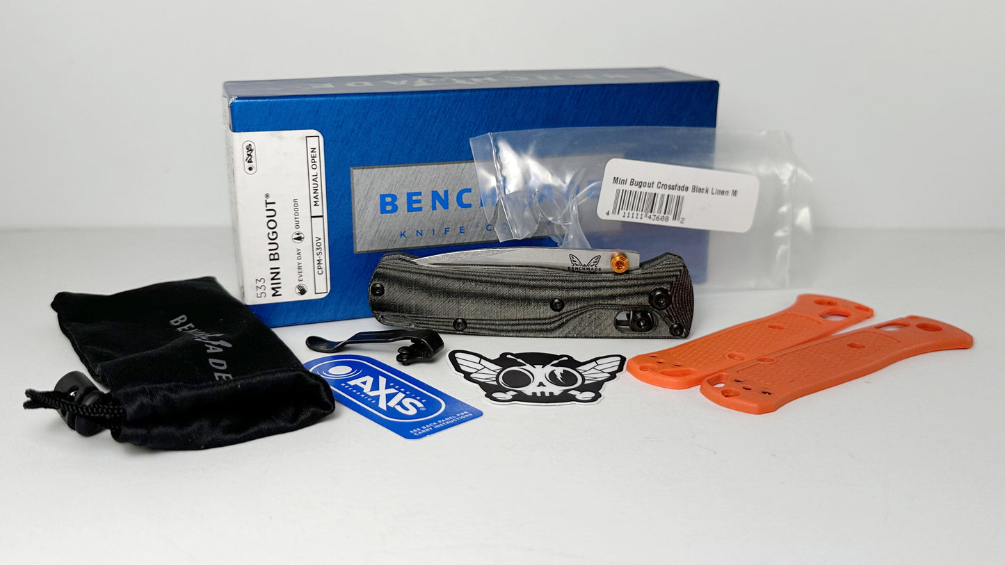 Benchmade Mini Bugout 533 USED w/ Flytanium Crossfade Black Linen Micarta Handle Scales - CPM-S30V Drop Point w/ Orange Studs & Spacers - Pocket Clip Included | Made in USA