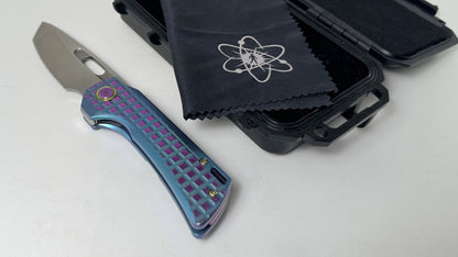 EMP EDC Nymble T Pre-Owned & MODIFIED | Stonewash M390 Tanto Blade w/ Blue & Purple Anodized Frag Milled Titanium Handle | Made by QSP Knife