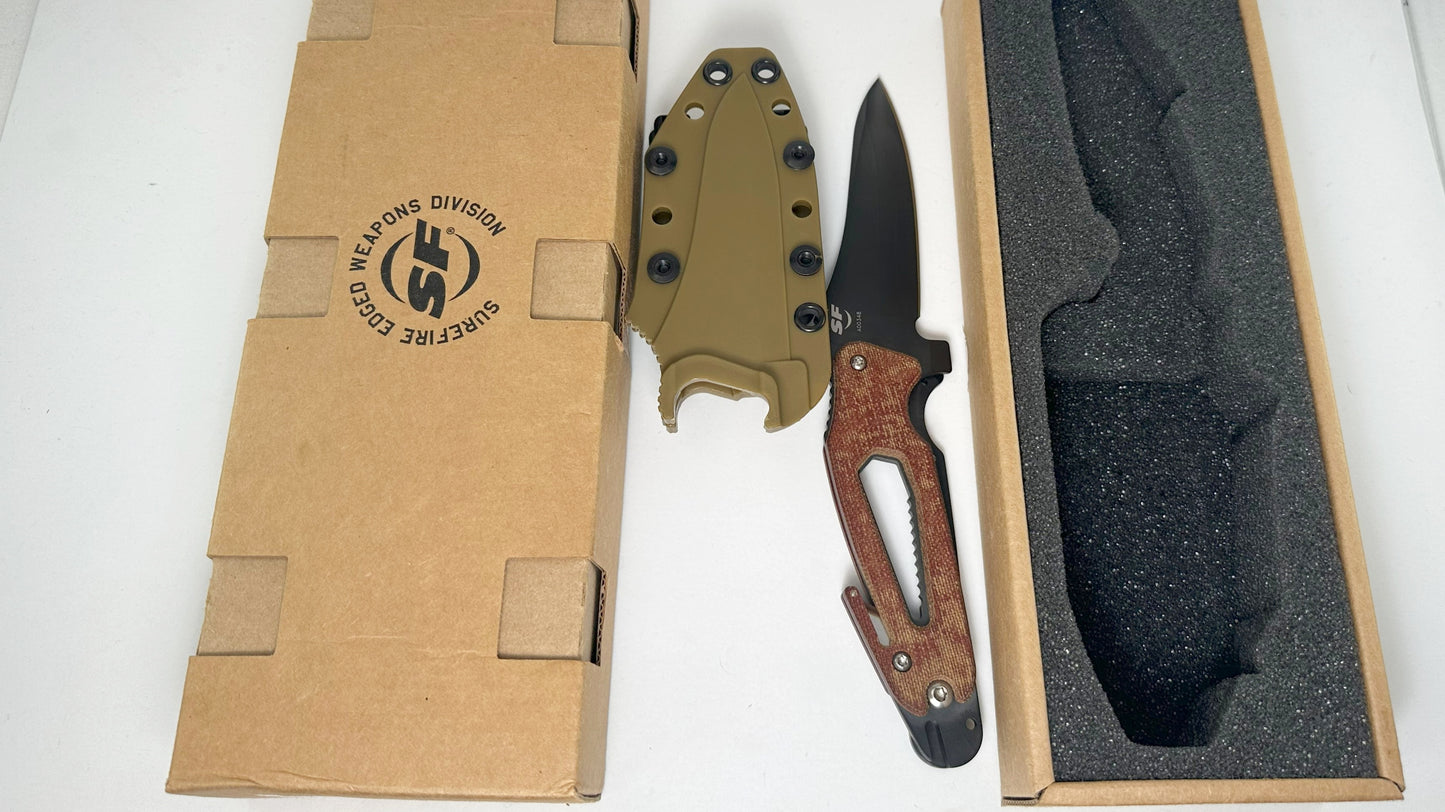 SureFire Delta Fixed Blade Utility Knife PRE-OWNED EW-06 - Black S30V 3.9" Blade & Natural Micarta Handle Scales w/ Wire & Seatbelt Cutters, Wrench & Flathead | Injection Molded Sheath
