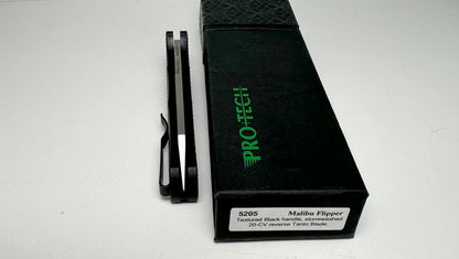 Pro-Tech Malibu Flipper 5205 Pre-Owned, Used & Sharpened (MIRROR) - Stonewash 20CV Reverse Tanto Blade & Textured Black Aluminum Handle Scales - Button Lock Flipper | Made in USA