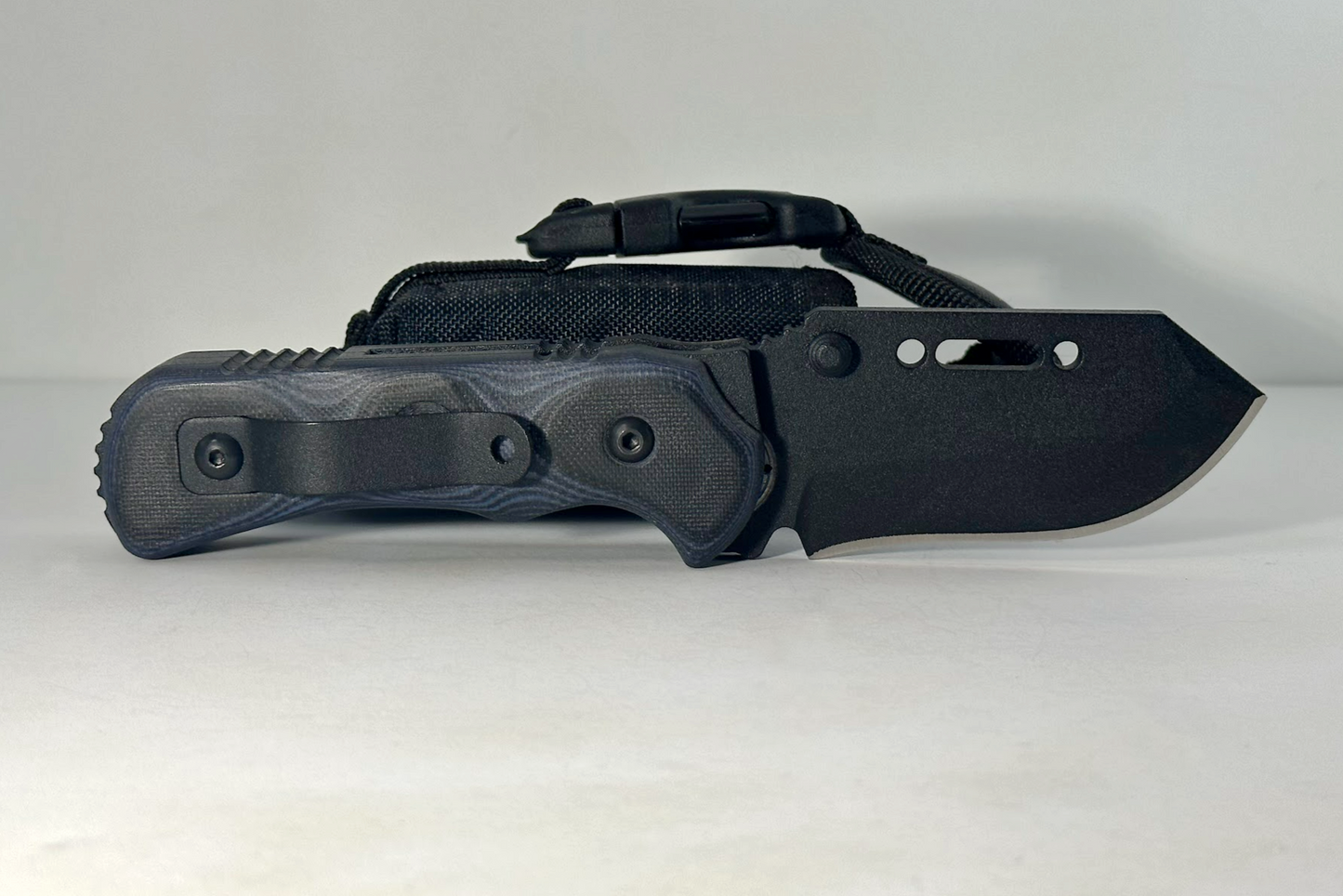 TOPS Knives XcEST Delta PRE-OWNED LIKE-NEW - Black Coated Bohler N690 Blade & Black/Blue Layered G-10 Scales over Aluminum Frame - Liner Lock w/ 3.4" Blade - Black Nylon MOLLE Sheath