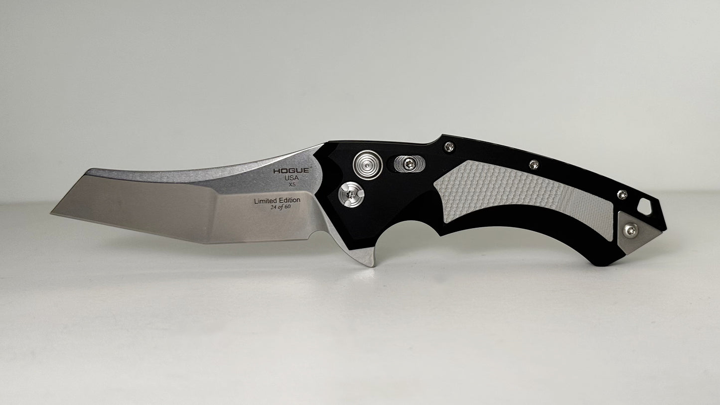 Hogue Knives X5 Manual Flipper Limited Edition 34566-LIM LNIB - Tumbled 3.5" CPM-154 Wharncliffe Blade & Black Aluminum Handle w/ Gray G-10 Inlay - Manual Button Lock Flipper - S/N 24 of 60