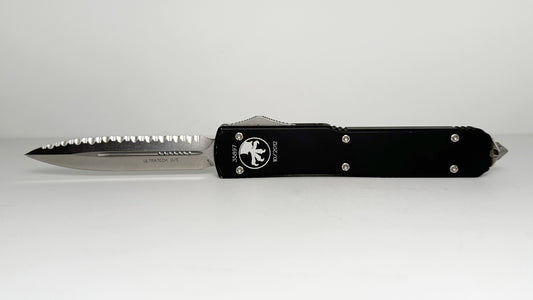 Microtech Ultratech OTF 122-12 Pre-Owned, USED & Sharpened Flat Body DOB 10/2012 - Stonewash S35-VN One-Side Fully Serrated Double Edge Blade & Black Aluminum Handle