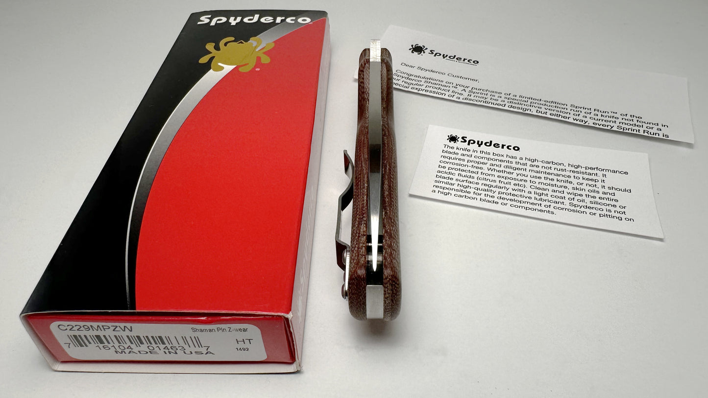 Spyderco Shaman Z-Wear Sprint Run Pre-Owned Good Condition C229MPZW - Satin Zapp Z-Wear PM Leaf Blade & Brown Canvas Micarta Handle | Made in Golden, Colorado U.S.A. Earth