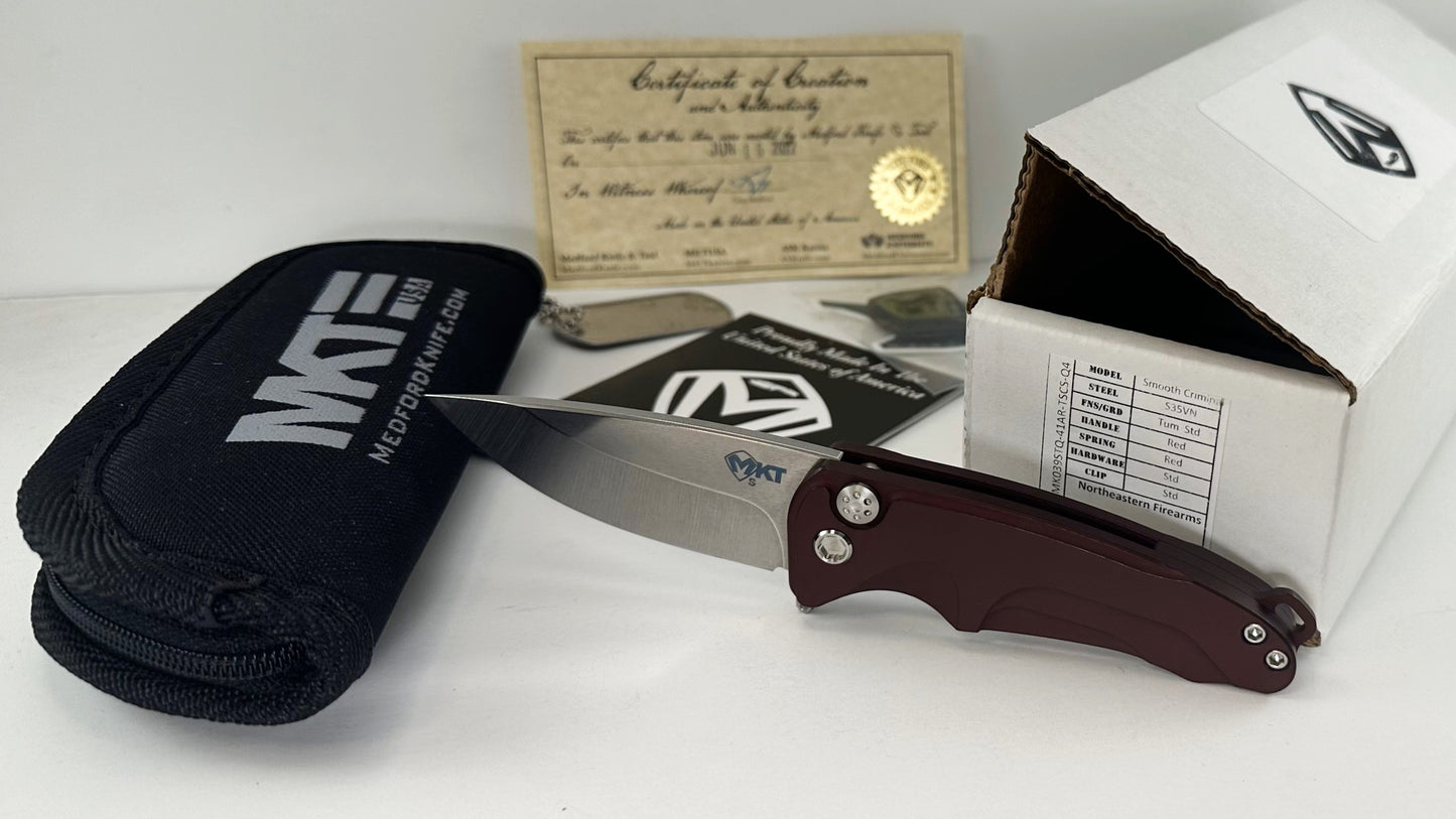 Medford Knife & Tool Smooth Criminal PRE-OWN - Tumbled S35VN 3" Drop Point Blade & Maroon Red Aluminum Handle - Button Lock w/ Flipper Tab