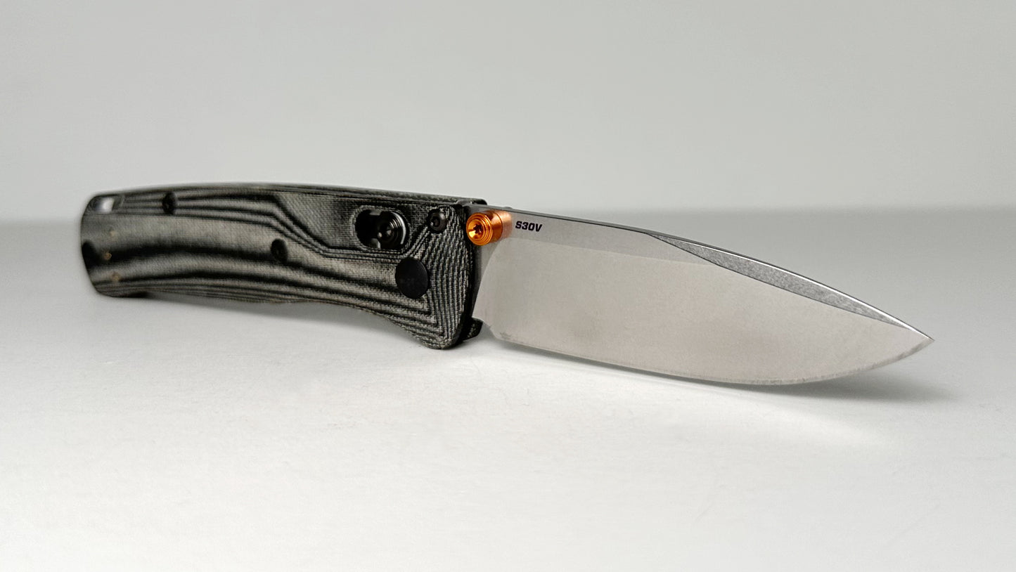 Benchmade Mini Bugout 533 USED w/ Flytanium Crossfade Black Linen Micarta Handle Scales - CPM-S30V Drop Point w/ Orange Studs & Spacers - Pocket Clip Included | Made in USA