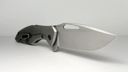 Koenig Arius Gen 2 Frame Lock Flipper Pre-Owned - Stonewash CTS-XHP Drop Point & 3D Contoured Titanium Handle - Blue Backspacer & Black Pivot | Made in USA