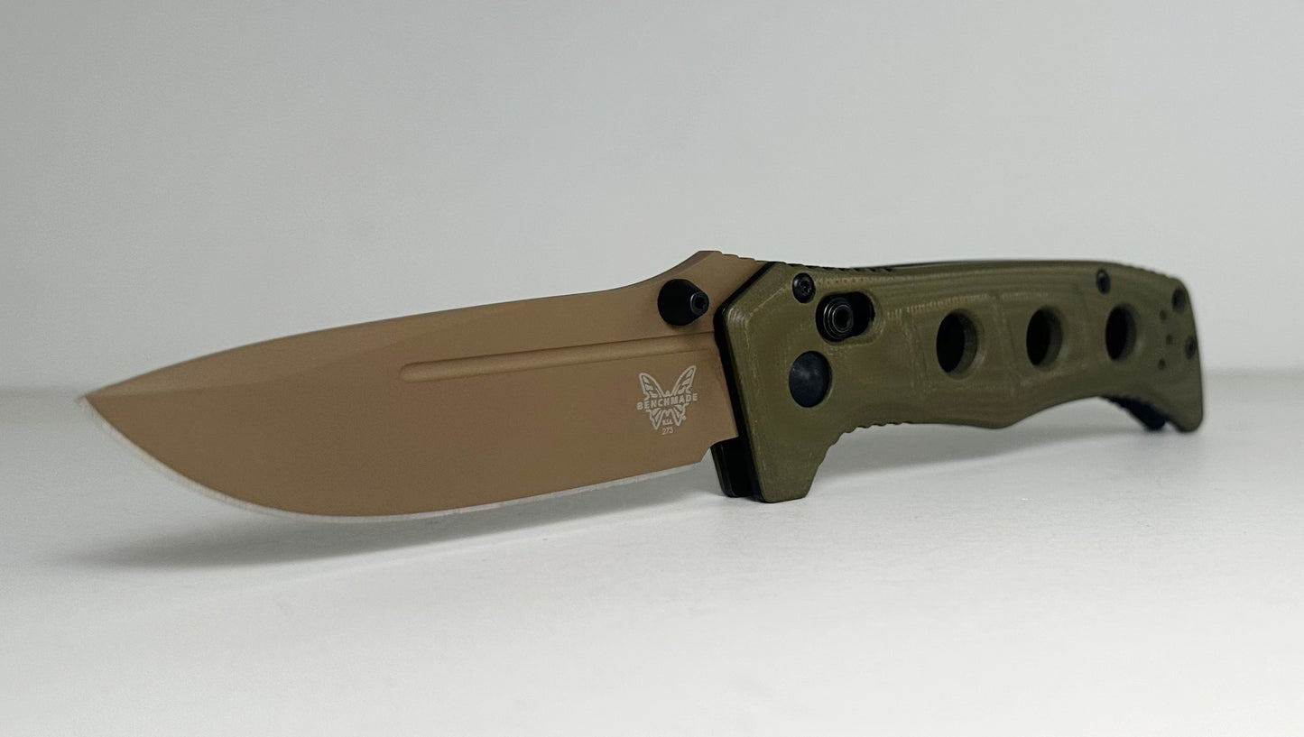 Benchmade Mini Adamas 273FE-2 Pre-Owned - Flat Dark Earth 3.25" CPM CruWear Drop Point Blade & OD Green G-10 Handle Scales - AXIS Bar-Lock Folder | Made in USA