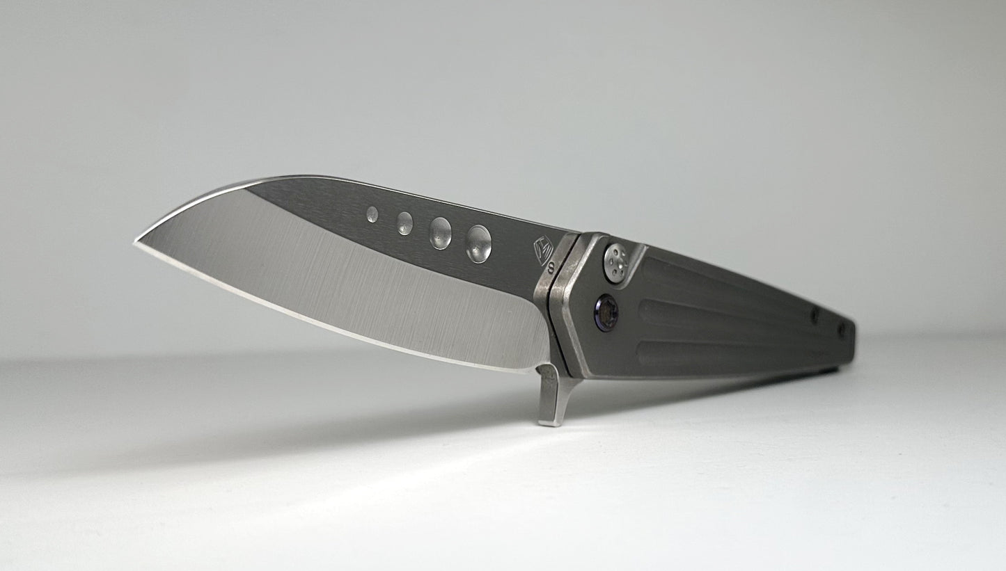 Medford Knife & Tool Nosferatu Flipper Pre-Owned - Tumbled Statin 3.5" CPM-S35VN Sheepsfoot Blade & "Old" Tumbled Titanium Handle - Flamed Hardware - Button Lock Flipper | Made in USA