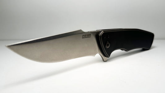 Zieba Knives Model S1 Frame Lock Pre-Owned NO BOX | Stonewash CPM S35VN Recurve Blade & Dark Bronze Titanium Handle - Flipper on Ball Bearings w/ Reversible Tip-Down Pocket Clip | Made in USA