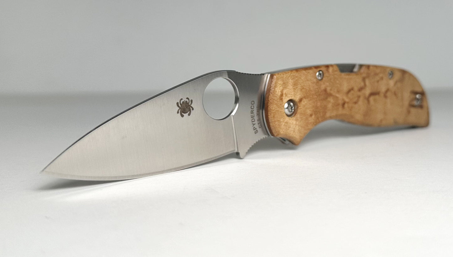 Spyderco Chaparral Maple C152WDP Pre-Owned - Satin 2.8" CTS-XHP Leaf-Shaped Blade & Birdseye Maple Wood Handle Scales - Lockback w/ Round Hole | Made in Taiwan