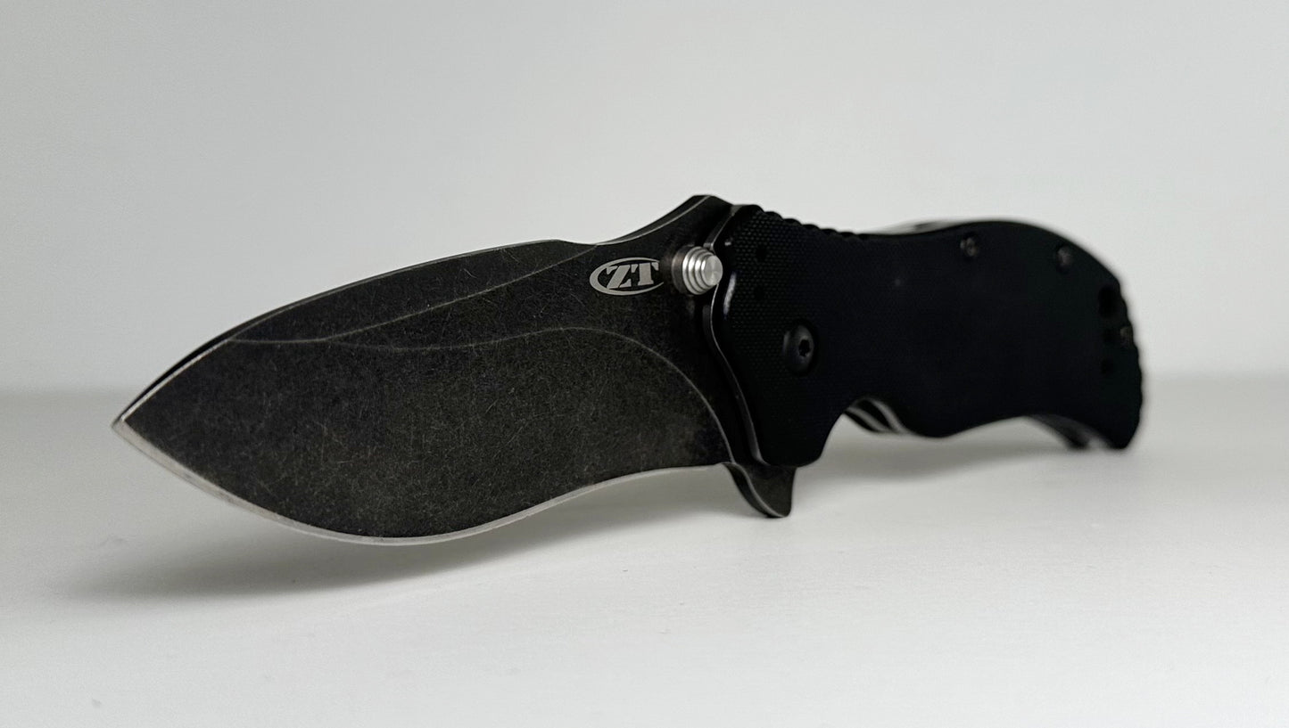 Zero Tolerance | Ken Onion 0350BW SpeedSafe Pre-Owned - Black Acid Washed 3.25" CPM-S30V Recurve Blade & Black G-10 Handle Scales - Spring-Assisted Folder w/ Dual Studs & Flipper Tab | Made in USA