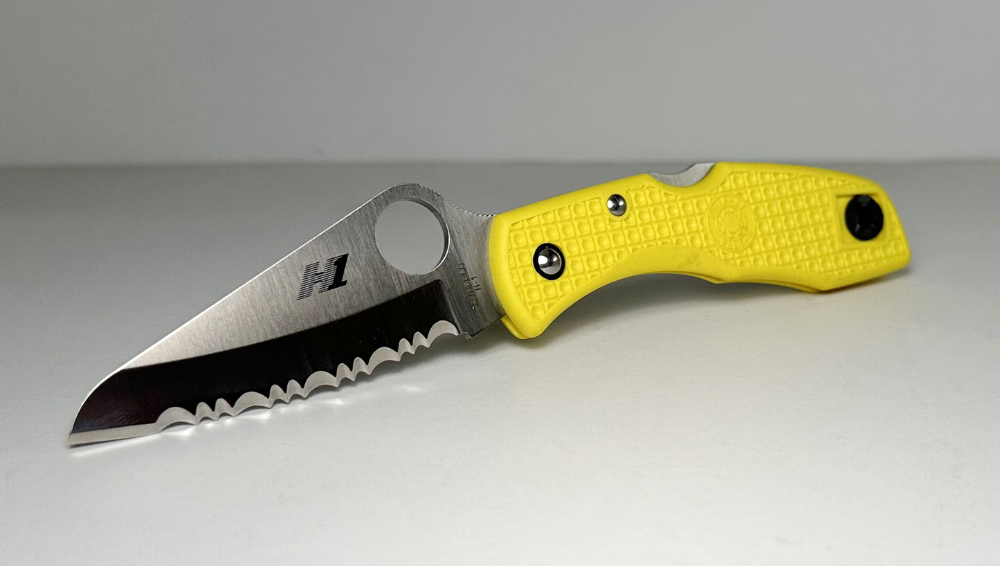 Spyderco Salt 2 C88SYL Pre-Owned - Satin 3" H1 Stainless Fully Serrated Drop Point Blade & Yellow FRN Handle Scales - Lockback Manual w/ Round Thumb Hole | Made in Japan