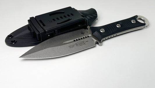 Microtech | Borka SBD Fixed Blade D/E 201-10 Pre-Owned - Stonewash Bohler M390 Double Edge Dagger Blade & Black G-10 Handle Scales - Black CF Print Kydex Sheath | Made in USA