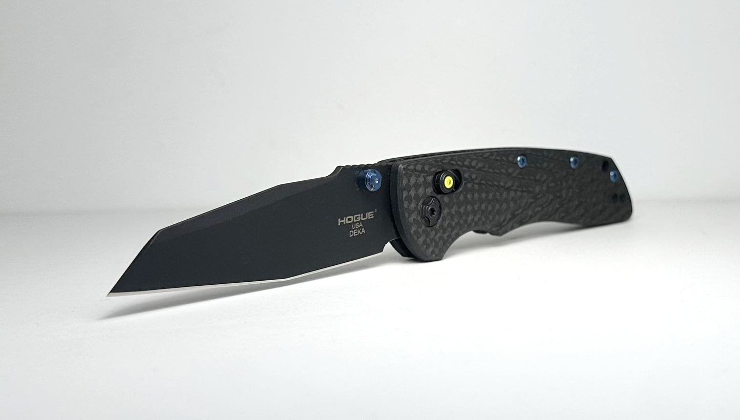 Hogue Deka Collector Series 24298-LIM Pre-Owned - Black CPM-20CV Wharncliffe Blade & Carbon Fiber Handle w/ Green Tritium Bar Lock & Blue Ti Hardware - ABLE Lock w/ Sual Studs | Made in USA