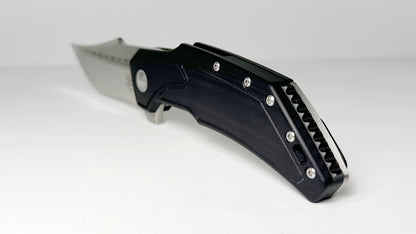 Begg Knives Astio BG008 Pre-Owned LNIB - Satin 3.5" CPM D2 Recurve Tanto Blade & Black G-10 Handle Scales - Ball Bearing SS Pocket Clip - Frame Lock Folder w/ Flipper Tab | Made in China