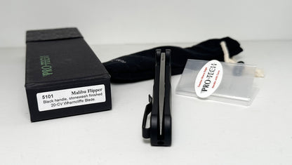 Pro-Tech Malibu Flipper 5101 Pre-Owned - Stonewash 3.3" CPM-20CV Wharncliffe Blade & Smooth Black Aluminum Handle - Button Lock Flipper | Made in USA