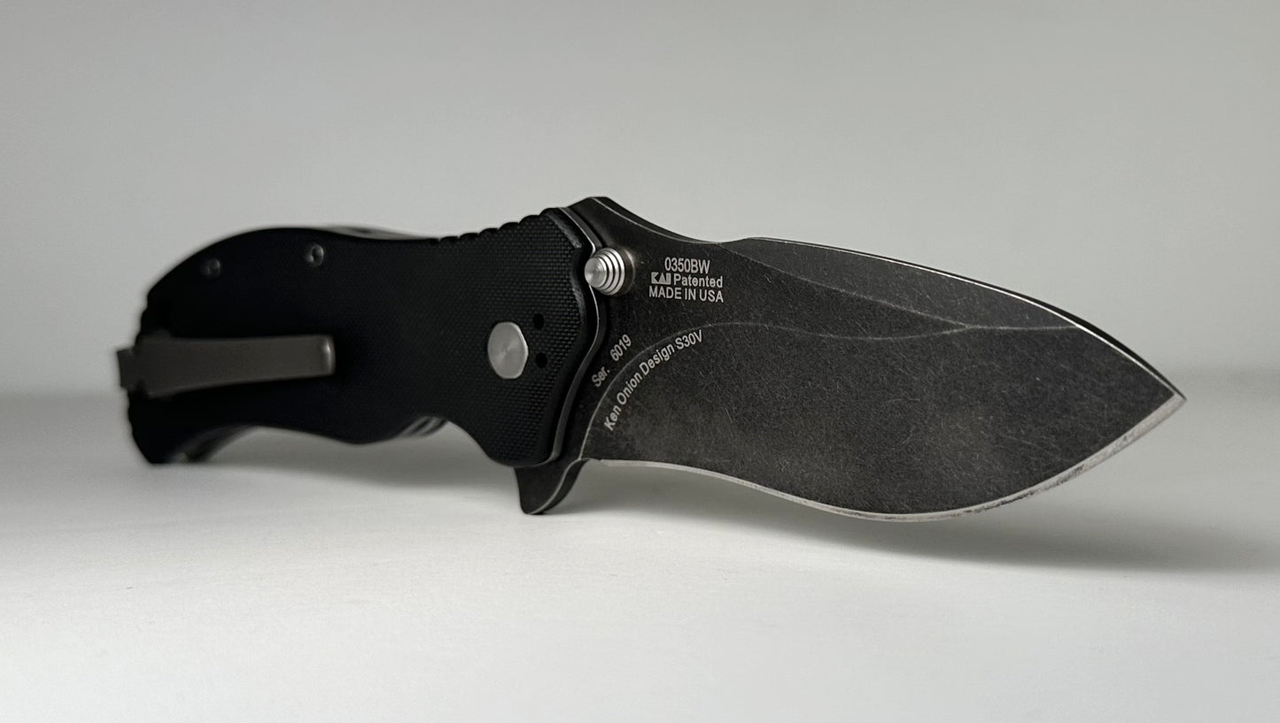 Zero Tolerance | Ken Onion 0350BW SpeedSafe Pre-Owned - Black Acid Washed 3.25" CPM-S30V Recurve Blade & Black G-10 Handle Scales - Spring-Assisted Folder w/ Dual Studs & Flipper Tab | Made in USA