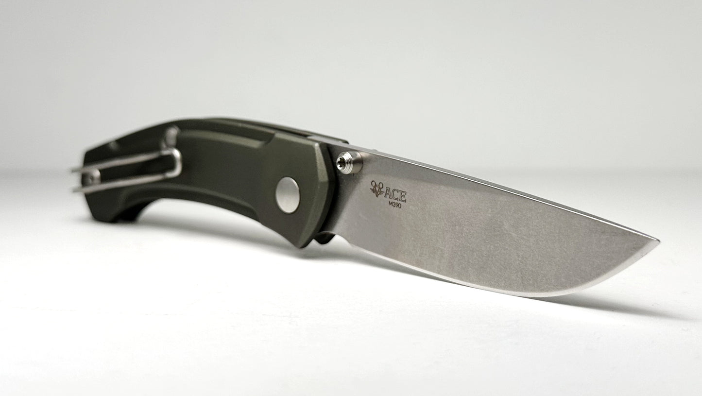 GiantMouse ACE Iona Pre-Owned - OD Green Aluminum Handle Scales & Stonewash 2.9" Bohler M390 Drop Point Blade - Liner Lock Manual w/ Dual Thumb Studs | Made in Italy