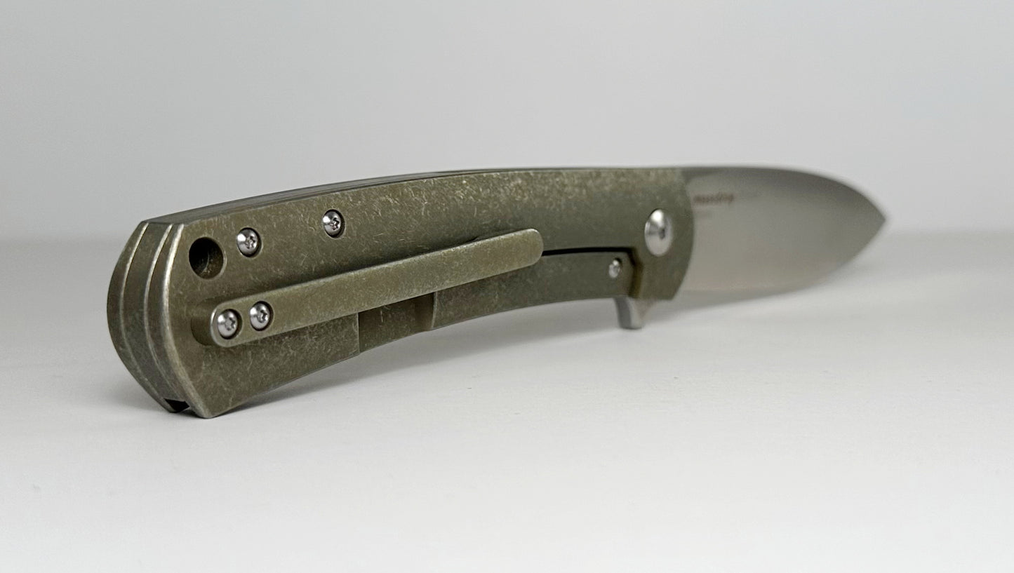 Massdrop | Ray Laconico Keen MDX-24120-1 Pre-Owned - Satin 3.4" CPM-S35VN Spear Point Blade & Bronze Stonewash 6AL4V Titanium Frame Lock Handle w/ Flipper Tab | Made in China by WE Knife