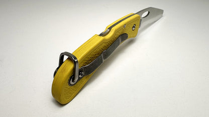 Boye Knives Folding Boating & Rescue Knife Pre-Owned NO BOX - Dendritic Cobalt Partially Serrated Sheepsfoot Blade & Yellow Zytel/FRN Handle - Titanium Pocket Clip & Marlin Spike | Made in USA