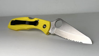 Spyderco Salt 2 C88SYL Pre-Owned - Satin 3" H1 Stainless Fully Serrated Drop Point Blade & Yellow FRN Handle Scales - Lockback Manual w/ Round Thumb Hole | Made in Japan