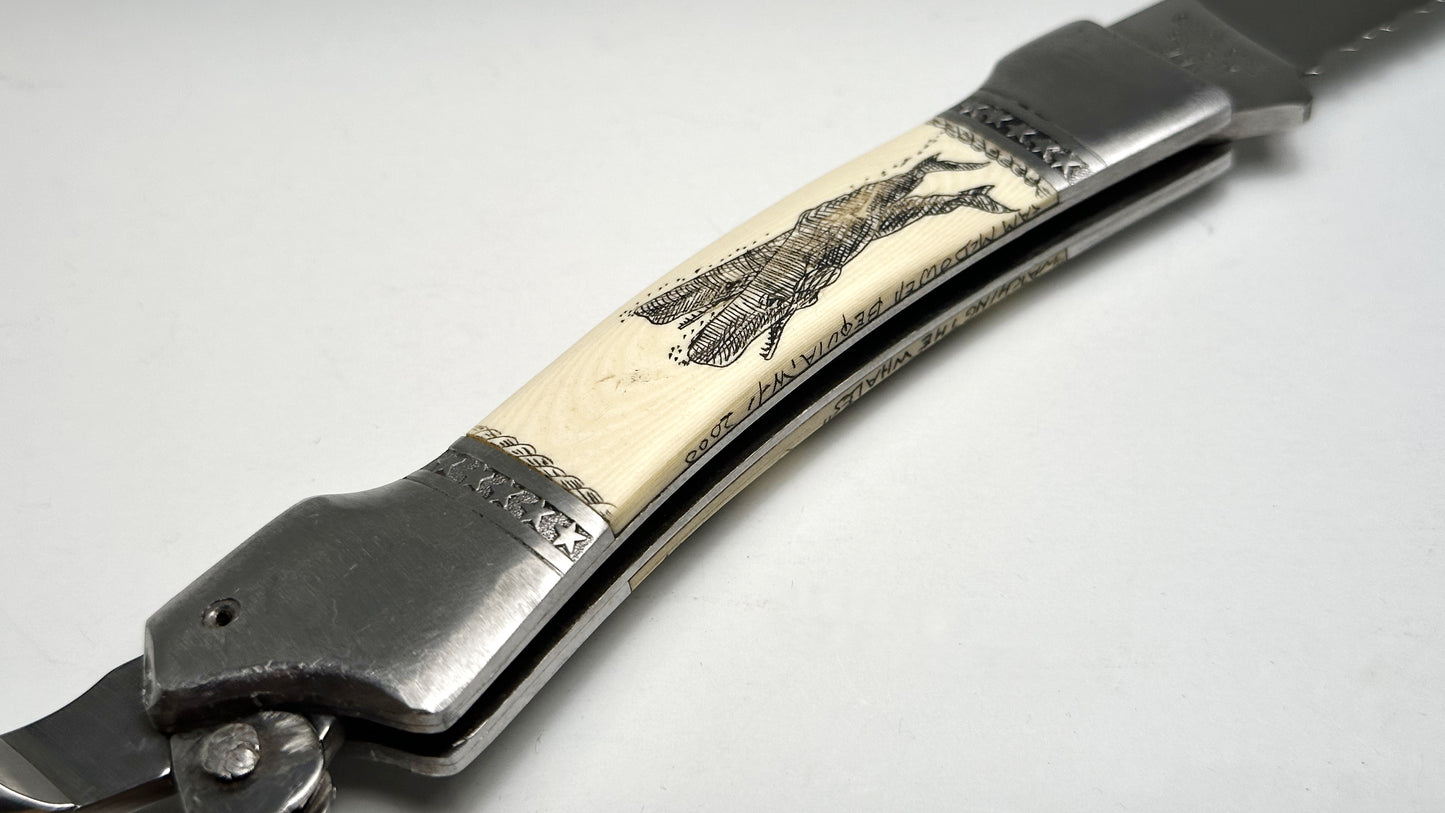 Sam McDowell Rigger Blade "Watching the Whales" Scrimshaw Pre-Owned USED - Satin Surgical Steel Serrated Saw Blade - Marlin Spike w/ Sailor-made Rope & Unoriginal Nylon Sheath | Made in Seki-City, Japan