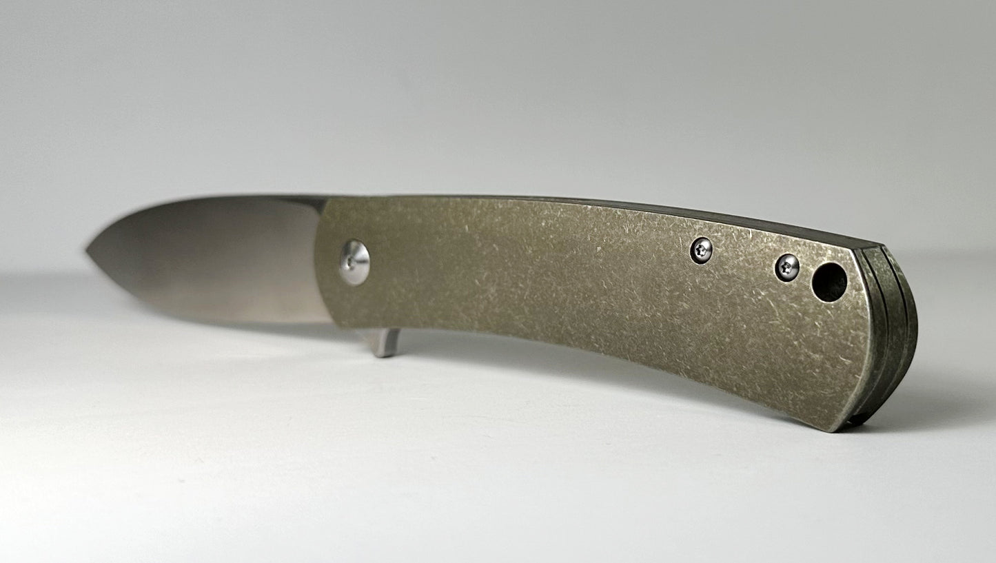 Massdrop | Ray Laconico Keen MDX-24120-1 Pre-Owned - Satin 3.4" CPM-S35VN Spear Point Blade & Bronze Stonewash 6AL4V Titanium Frame Lock Handle w/ Flipper Tab | Made in China by WE Knife