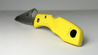 Spyderco Salt 2 C88SYL Pre-Owned - Satin 3" H1 Stainless Fully Serrated Drop Point Blade & Yellow FRN Handle Scales - Lockback Manual w/ Round Thumb Hole | Made in Japan