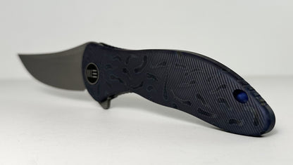 WE Knife Synergy2 Pre-Owned 912B - Stonewash 3.5" Bohler M390 Trailing Point Blade & Blue 6AL4V Titanium Handle - Integral Frame Lock w/ Flipper Tab | Made in China