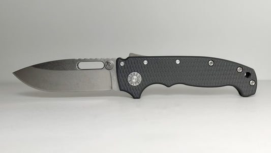 Demko AD20-I Full-Sized International Pre-Owned - Stonewashed CPM-20CV Slotted Drop Point Blade & Gray G-10 Handle Scales - Shark Lock Folder w/ Dual Studs | Assembled in USA