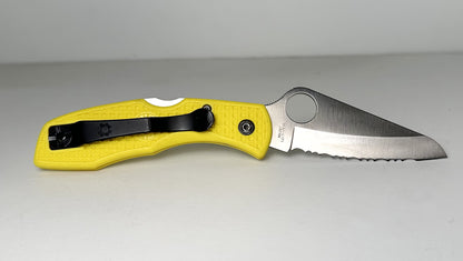 Spyderco Salt 2 C88SYL Pre-Owned - Satin 3" H1 Stainless Fully Serrated Drop Point Blade & Yellow FRN Handle Scales - Lockback Manual w/ Round Thumb Hole | Made in Japan