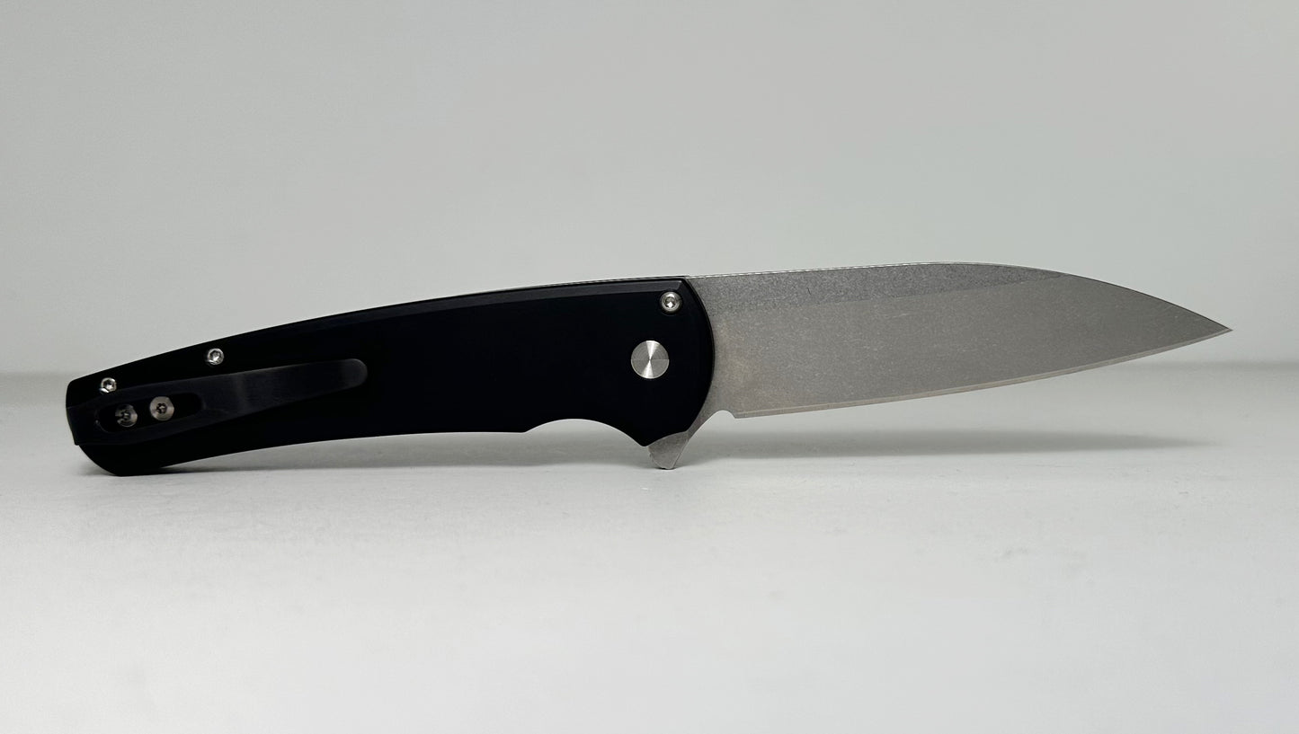 Pro-Tech Malibu Flipper 5101 Pre-Owned - Stonewash 3.3" CPM-20CV Wharncliffe Blade & Smooth Black Aluminum Handle - Button Lock Flipper | Made in USA