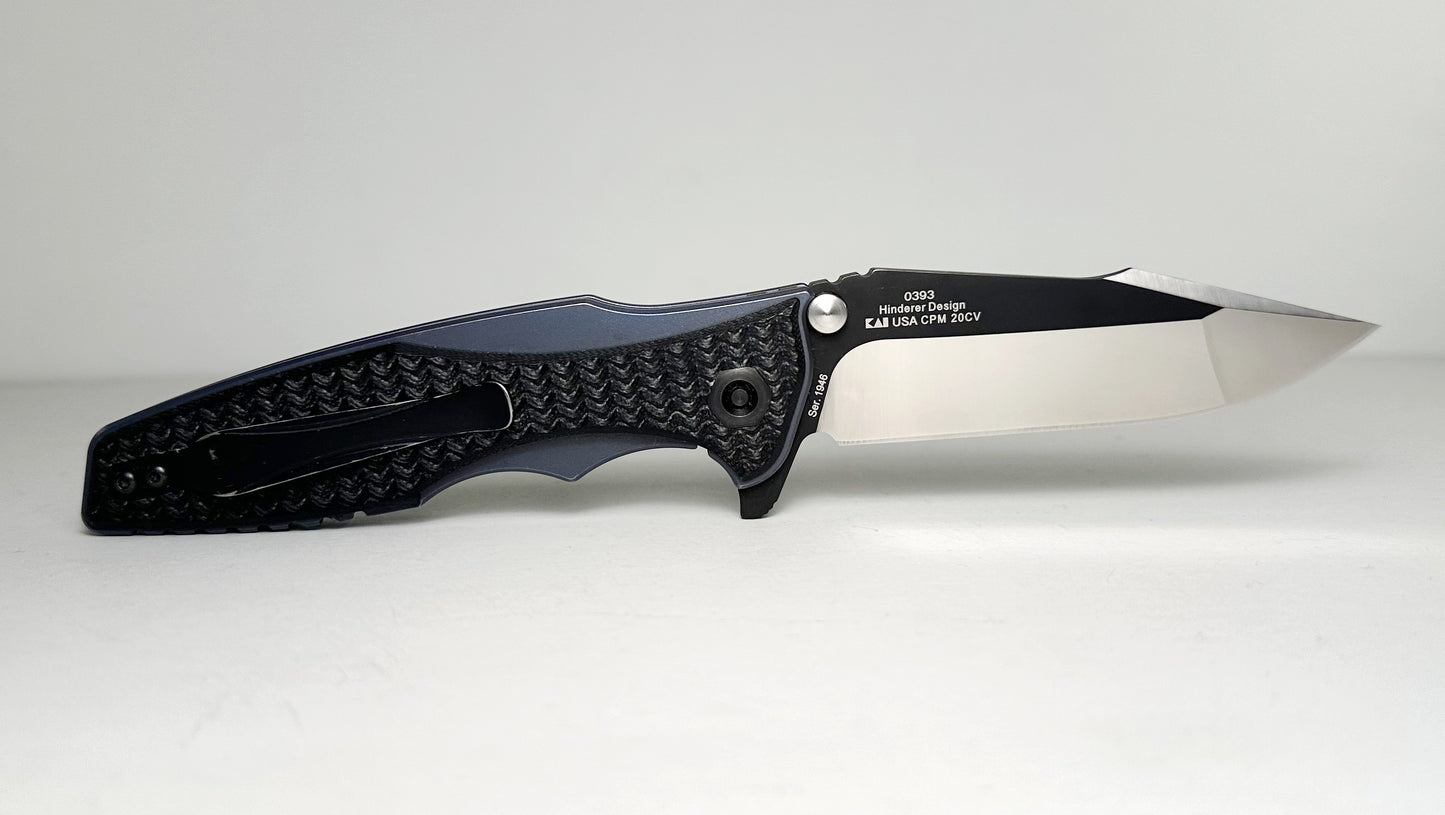 Zero Tolerance | Rick Hinderer 0393 Pre-Owned - Two-Toned 3.5" CPM-20CV Harpoon Point Blade - Blue Ano Titanium Handle w/ Machined Black G-10 Overlays - KVT Frame Lock Folder w/ Dual Studs & Flipper Tab | Made in USA